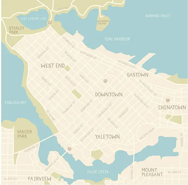 Vector illustration of Downtown Vancouver Map (Tan)