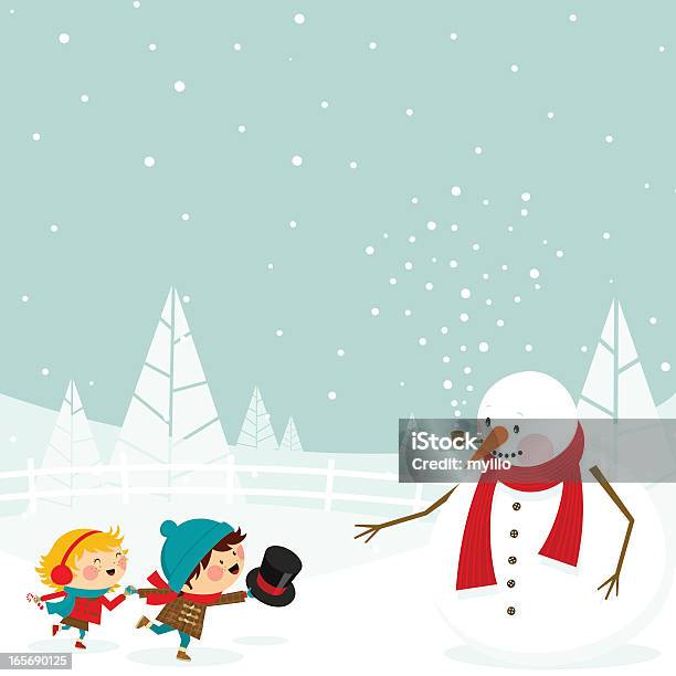 Crianças E Boneco De Neve - Arte vetorial de stock e mais imagens de Inverno - Inverno, Criança, Férias