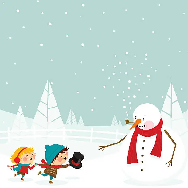 Vector illustration of Kids and snowman