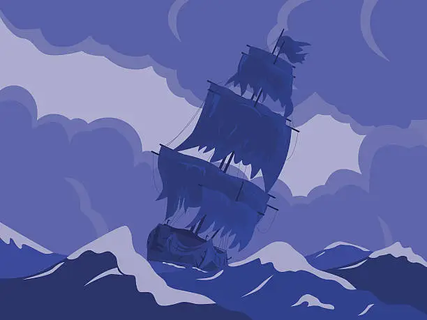 Vector illustration of sailing ship storm