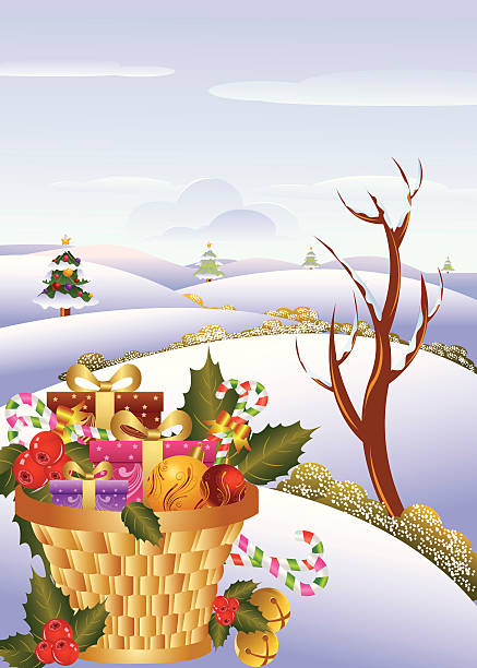 ilustraciones, imágenes clip art, dibujos animados e iconos de stock de paisaje de invierno. - cesta de navidad