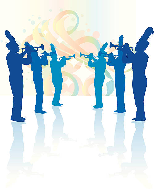 ilustraciones, imágenes clip art, dibujos animados e iconos de stock de banda de trompeta de fondo de línea - parade marching band trumpet musical instrument
