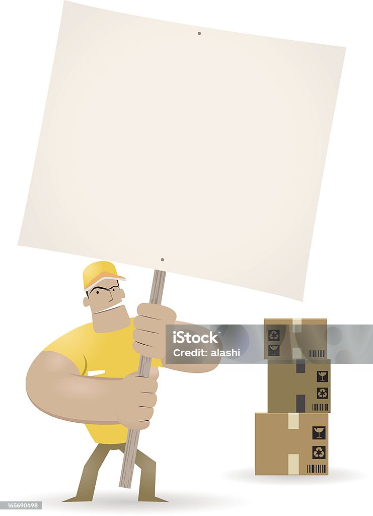 Deliveryman sosteniendo un cartel en blanco para tu mensaje - arte vectorial de Almacén libre de derechos