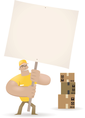 Vector illustration – Deliveryman holding a blank sign for your message. 