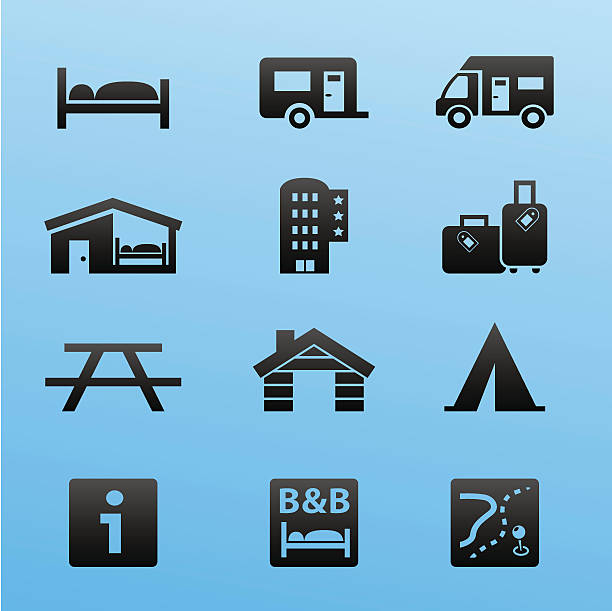Blackstyle Icon Set Lodging and Accommodation A collection of 12 lodging and accommodation icons. Good for tourist guides, websites, maps or travel brochures. All elements are separated. File contains one layer and is easy to edit. motel stock illustrations