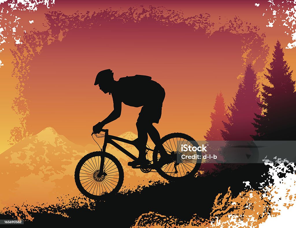 Descentes en montagne à vélo au coucher du soleil - clipart vectoriel de Faire du vélo tout-terrain libre de droits