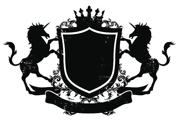 ilustraciones, imágenes clip art, dibujos animados e iconos de stock de unicornio shield banner - grunge shield coat of arms insignia