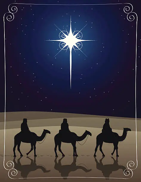 Vector illustration of Three wise men riding camels to Bethlehem