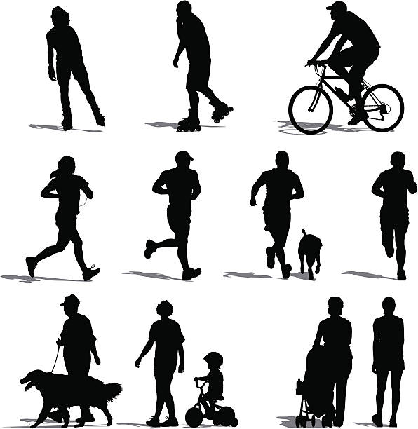ilustrações, clipart, desenhos animados e ícones de park para visitantes exercício - silhouette women black and white side view