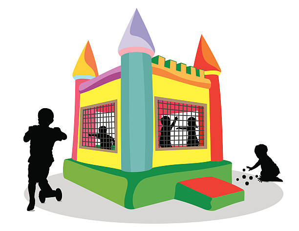 illustrazioni stock, clip art, cartoni animati e icone di tendenza di bounce casa e figli silhouette - inflatable castle play playground