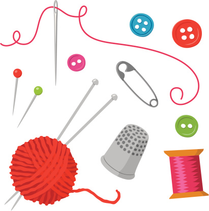 Sewing elements: needle and thread, buttons, thimble, safety pin, yarn and knitting needles.