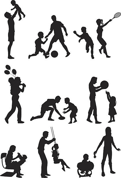 ilustraciones, imágenes clip art, dibujos animados e iconos de stock de los padres jugando con sus hijos - swing child silhouette swinging