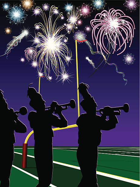 ilustraciones, imágenes clip art, dibujos animados e iconos de stock de banda, trompeta, fuegos artificiales, halftime de fútbol - trumpet brass instrument marching band musical instrument