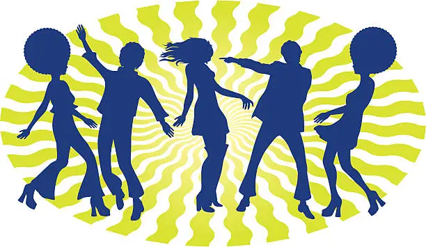 Vector illustration of Silhouette of 5 boogie dancers with 60s hairstyle