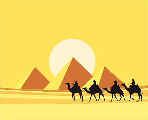 Vector illustration of Four camels with riders silhouetted against the Pyramids