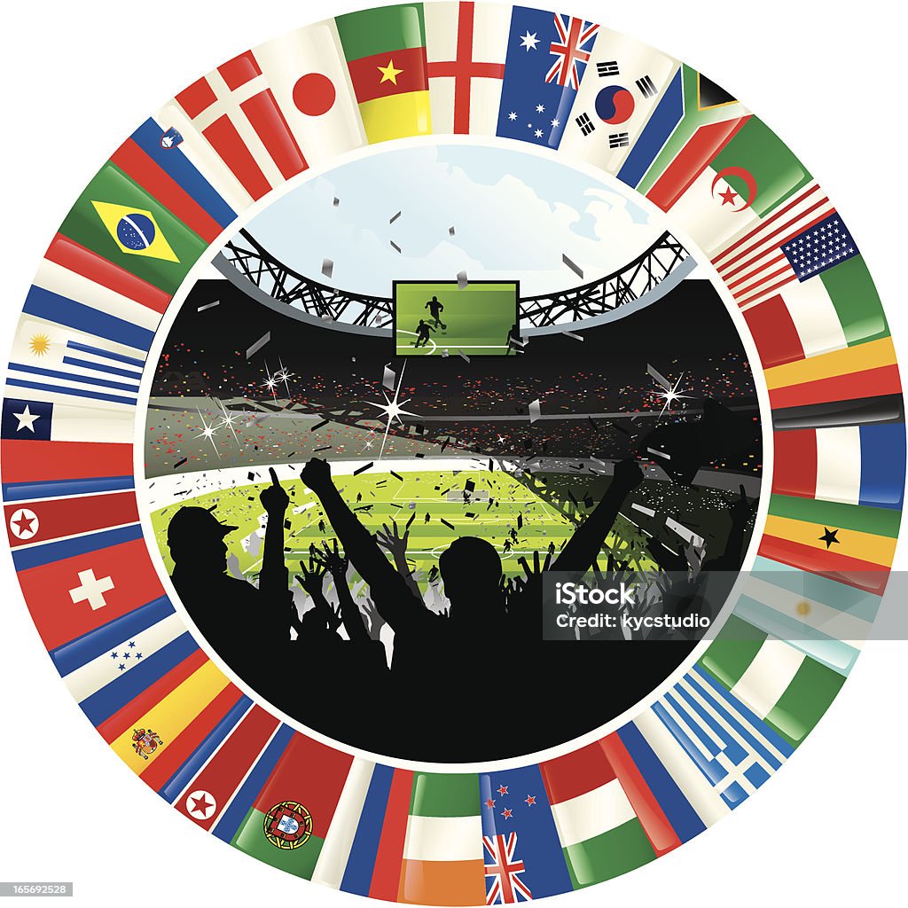 Cheering Soccer Crowd Surrounded By Ring of World Flags Vector illustration depicting a cheering crowd in silhouette, with a soccer stadium in the background. The stadium image is surrounded by a ring of flags from different countries. International Soccer Event stock vector