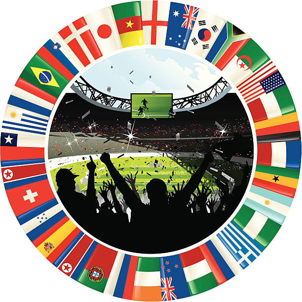 Cheering Soccer Crowd Surrounded By Ring of World Flags Vector illustration depicting a cheering crowd in silhouette, with a soccer stadium in the background. The stadium image is surrounded by a ring of flags from different countries. algeria soccer stock illustrations