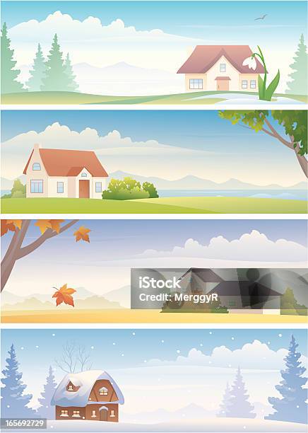 Four Seasons Depicted In A Cartoon Stock Illustration - Download Image Now - Winter, Autumn, Backgrounds