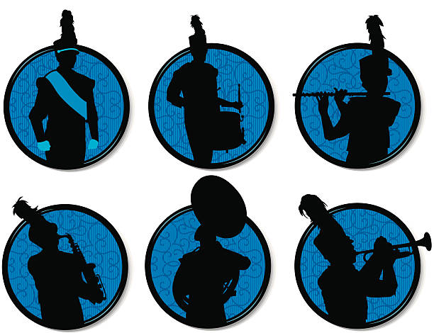 ilustraciones, imágenes clip art, dibujos animados e iconos de stock de banda siluetas de botones - parade marching band trumpet musical instrument