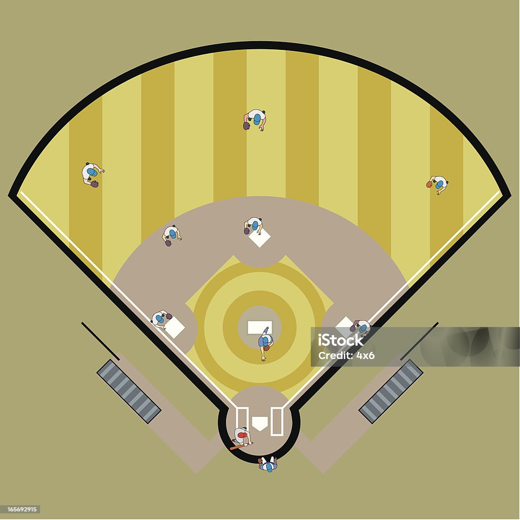 Vista de alto ângulo de um jogo de beisebol no progresso - Vetor de Campo de Basebol royalty-free