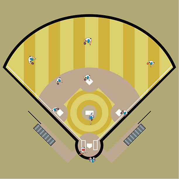 ilustrações de stock, clip art, desenhos animados e ícones de vista de ângulo elevado de um jogo de beisebol em progresso - color image batting illustration technique adult