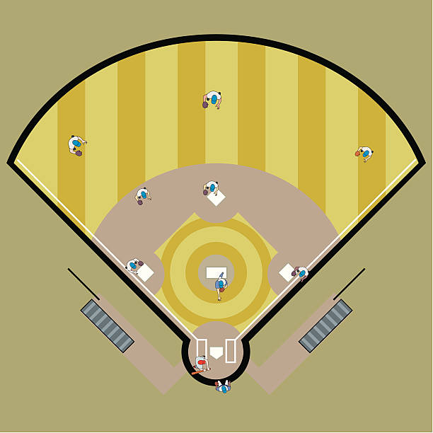 High angle view of a baseball match in progress High angle view of a baseball match in progress baseball pitcher baseball player baseball diamond stock illustrations