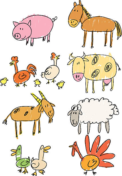 illustrations, cliparts, dessins animés et icônes de représentation humaine en traits farm - cochon dinde