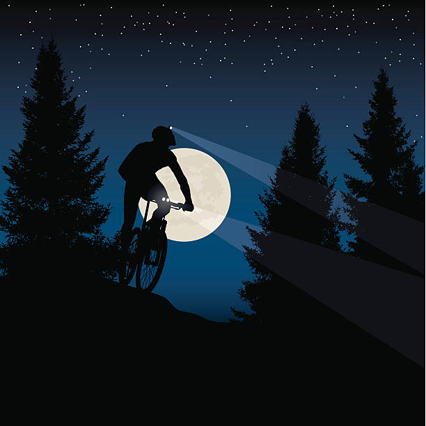 Night Mountain Bike Ride under the Full Moon vector art illustration
