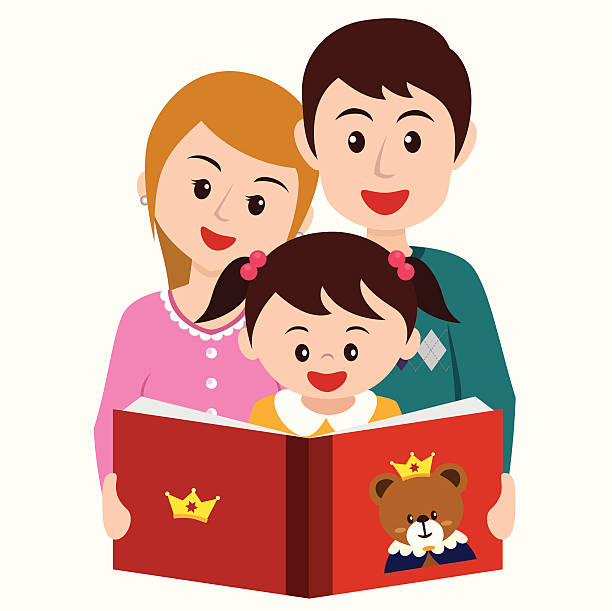 girl reading story book with parents vector art illustration