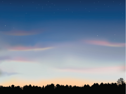 Vector background of sunset just after the sun went down. Gradient mesh used in sky. Tree line and stars on separate layers.