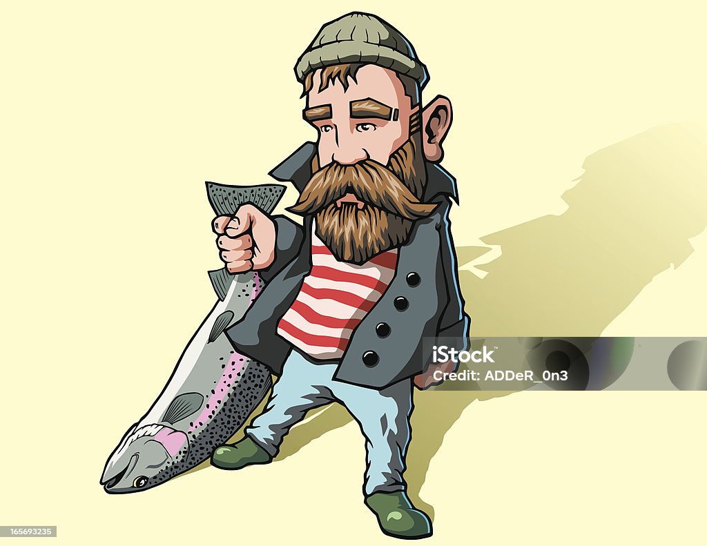 Fisherman With Fish Vector illustration of a fisherman with his catch. By removing the clipping mask, you can use the grouped objects on their own.   Cartoon stock vector
