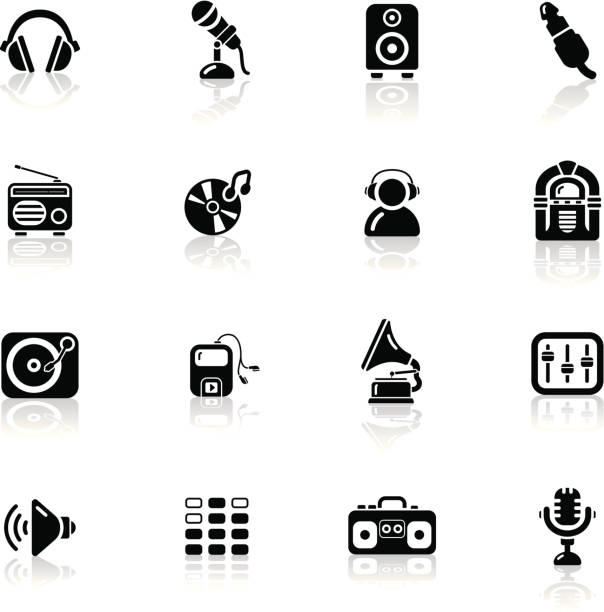 ilustraciones, imágenes clip art, dibujos animados e iconos de stock de una serie de iconos, negro/música - information symbol audio