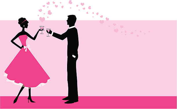 Illustration of a couple toasting with pink hearts floating Two people toasting with hearts in the background. 60s style dresses stock illustrations