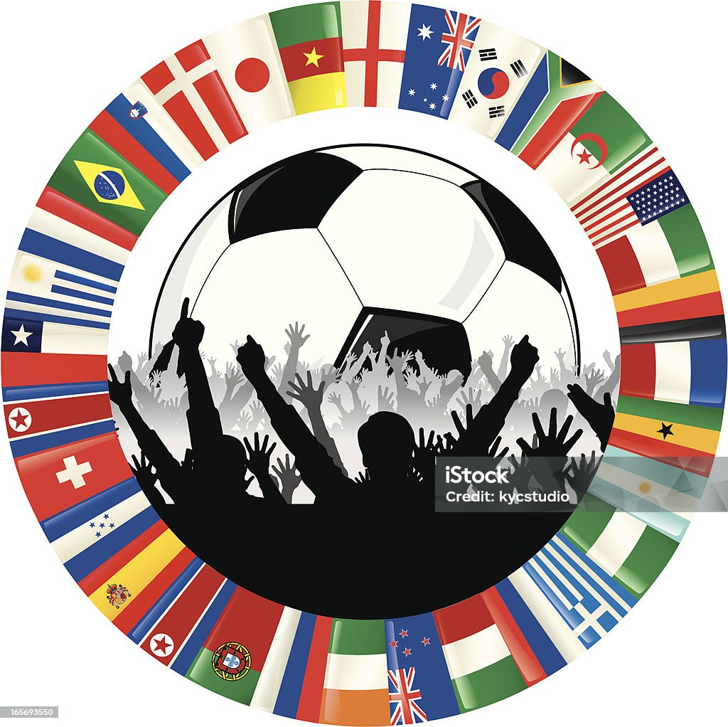 Soccer Logo With Ball, Cheering Fans, and Circle of Flags Vector illustration of a soccer logo symbolizing the World Cup. A circle of flags, representing all the countries competing in South Africa in the 2010 World Cup, surrounds a soccer ball and the silhouettes of cheering fans. International Soccer Event stock vector
