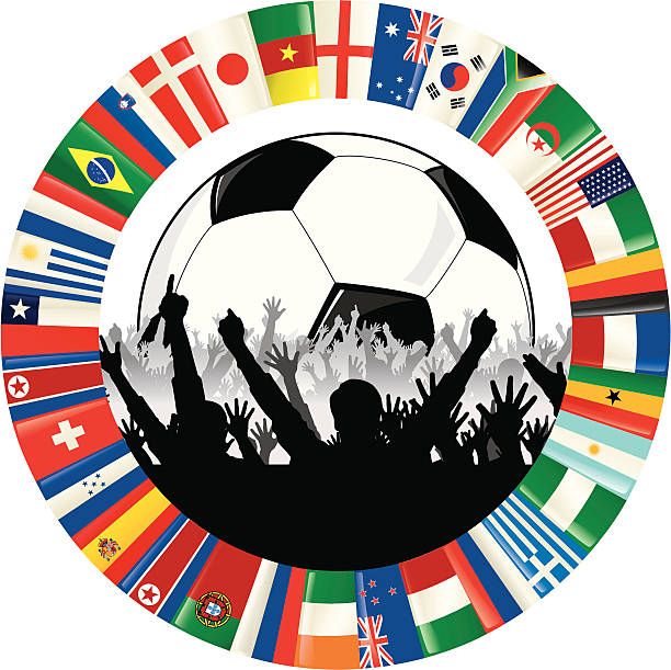 Soccer Logo With Ball, Cheering Fans, and Circle of Flags Vector illustration of a soccer logo symbolizing the World Cup. A circle of flags, representing all the countries competing in South Africa in the 2010 World Cup, surrounds a soccer ball and the silhouettes of cheering fans. algeria soccer stock illustrations