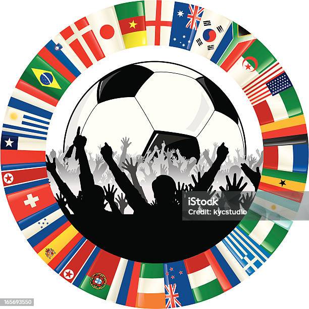 Soccer Logo With Ball Cheering Fans And Circle Of Flags Stock Illustration - Download Image Now