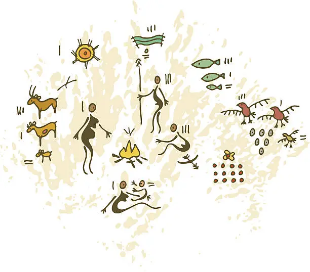 Vector illustration of Prehistoric Cave Painting Family Around Fire