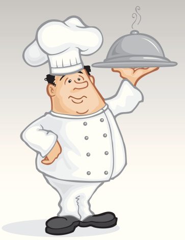 Chef with dinner tray displays a chef with his arm raised to support a dinner tray.  The meal inside is hot because there is steam rise from the lid. The chef has a chef hat and the chef uniform on.