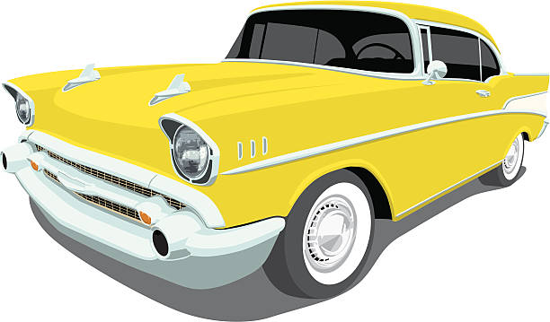 ilustraciones, imágenes clip art, dibujos animados e iconos de stock de chevrolet1957 bel air-vista de ángulo - chevrolet