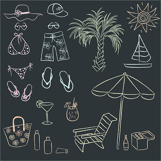 kreide gezeichnet kritzeleien von erwachsenen beach-ausrüstung. - swimming trunks swimwear clothing beach stock-grafiken, -clipart, -cartoons und -symbole