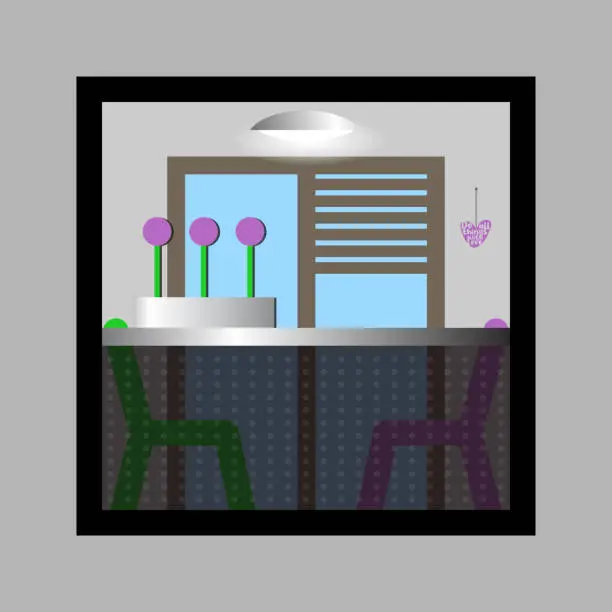 Vector illustration of Balcony idea, decor,terrace. Apartment terrace. Balcony with lights, flowers and chairs.