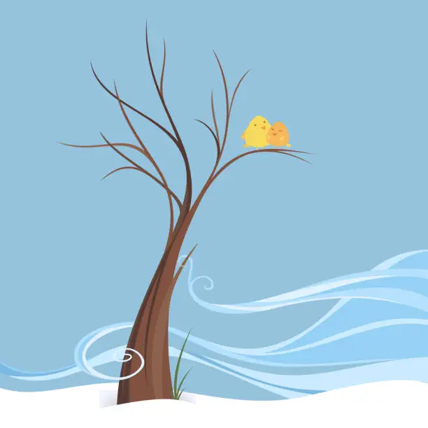 Vector illustration of Birds love perching in breezy snowy winter on a tree