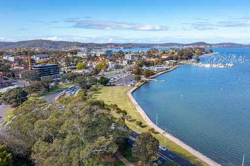 Aerial drone view of Point Frederick near Gosford on the Brisbane Water of Central Coast, New South Wales, Australia on a sunny day