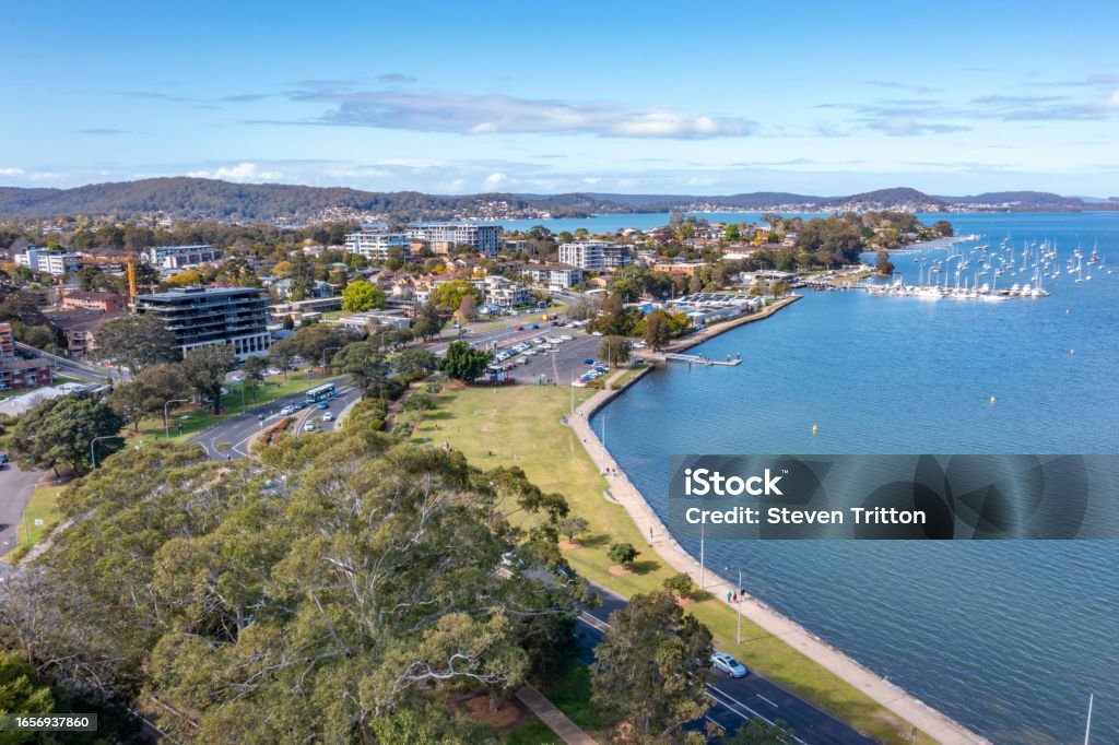 Aerial drone view of Point Frederick near Gosford on the Brisbane Water of Central Coast, New South Wales on a sunny day Aerial drone view of Point Frederick near Gosford on the Brisbane Water of Central Coast, New South Wales, Australia on a sunny day Above Stock Photo
