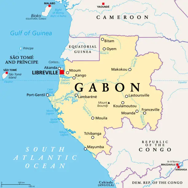Vector illustration of Gabon, the Gabonese Republic, a country in Central Africa, political map