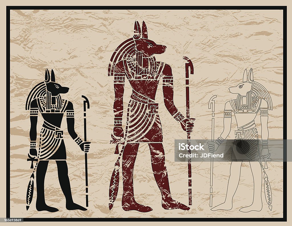 Anubis Grunge Heiroglyphic style illustration of the ancient Egyptian God, Anubis. Grunge textures are grouped on separate layers for easy editing. Hi-Res JPEG and CS3 files are included. Anubis stock vector