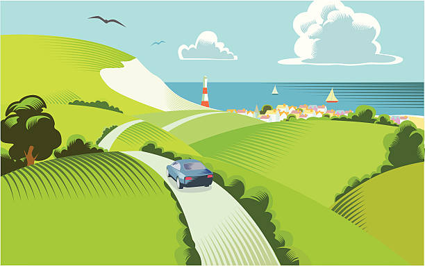Countryside scene English landscape with coast in the distance. rural scene illustrations stock illustrations