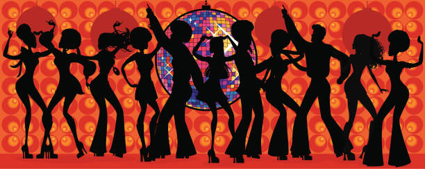 Seventies Disco Silhouette A group of people dancing at a seventies disco. All characters on separate layers for easy editing. See below for a detailed version of this file. men hairstyle afro cool stock illustrations