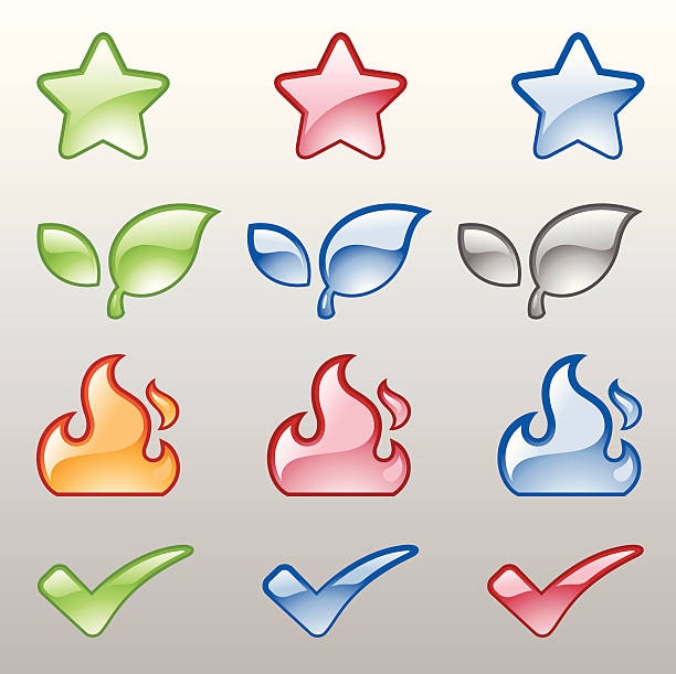 Bекторная иллюстрация Глянцевая веб-иконки, кнопки Flame, Star, лис�т, Галочка