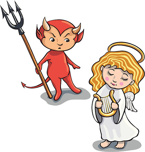 illustrazioni stock, clip art, cartoni animati e icone di tendenza di piccolo angelo e diavolo - humor inspiration angel child